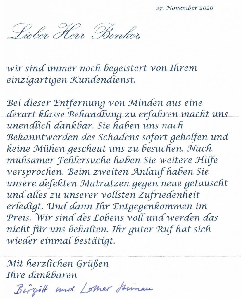 Kundendienst von Benker Betten, Referenz und Kundenmeinung, Referenzen und Kundenmeinungen